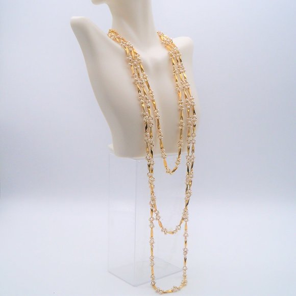 Small Pearls Gold Tone 3 Strand Necklaces and Bracelet Set - Picture 4 of 16